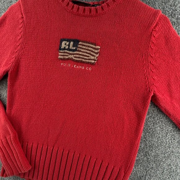 Ralph Lauren Polo Jeans Women Flag Sweater Medium Red Long Sleeve Knit Cotton - Picture 4 of 16